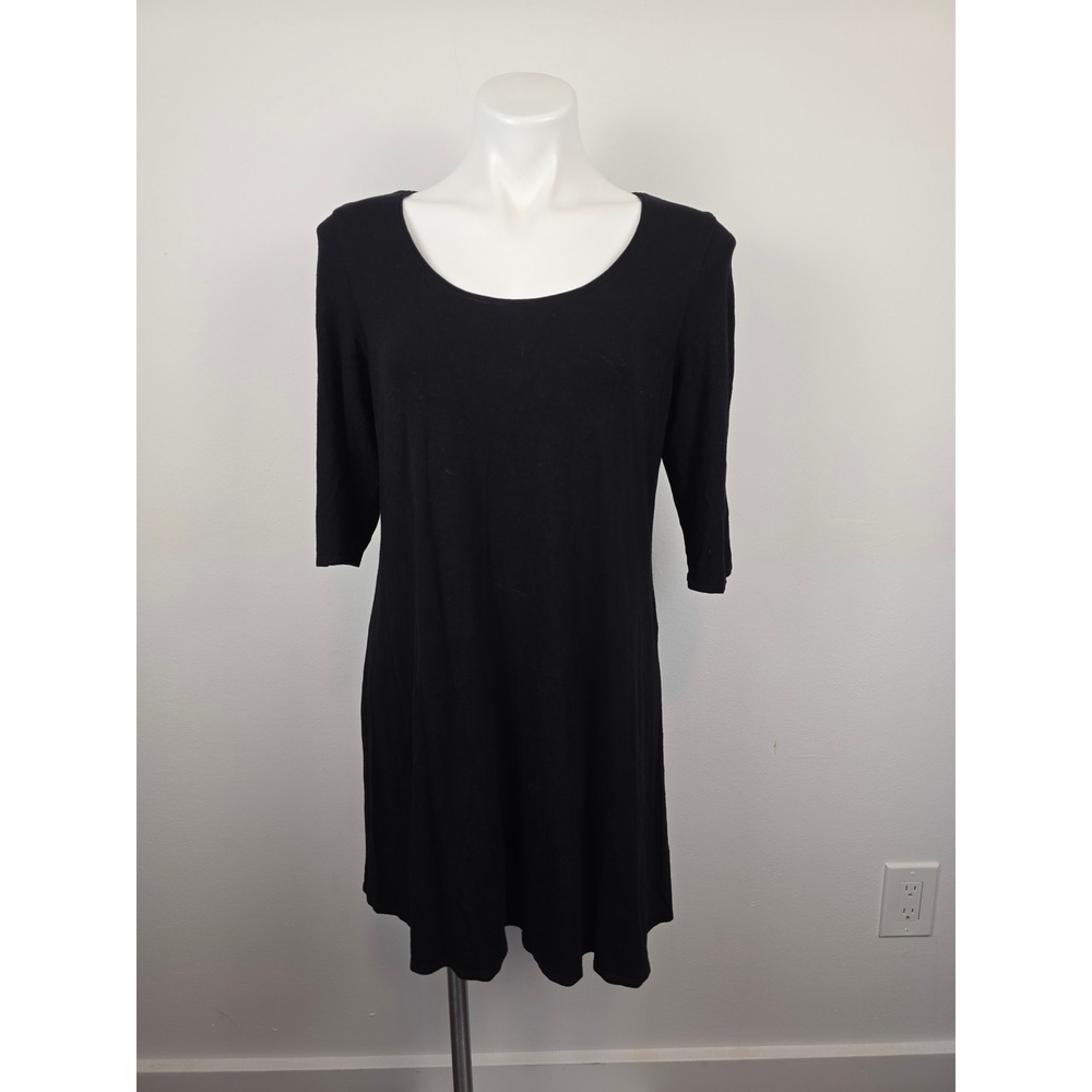 Eileen Fisher Scoop Neck 3/4 Sleeve Black Knit Dress Medium Minimalist‎ Viscose
